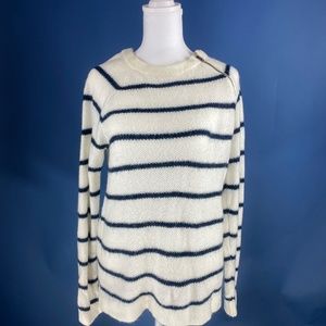 Abercrombie & Fitch Striped Zipper Crewneck Sweater Ivory/White and Navy - M